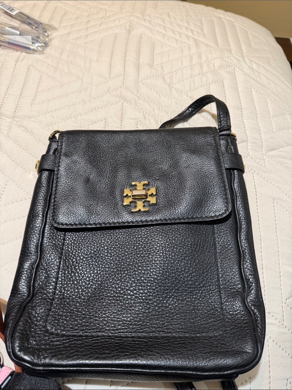 Tory Burch Black Pebbled Leather Backpack with Gold Logo